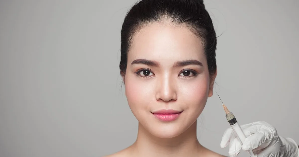 Close-up of a fine needle used for injecting a neuromodulator like Daxxify near the patient's eye area.